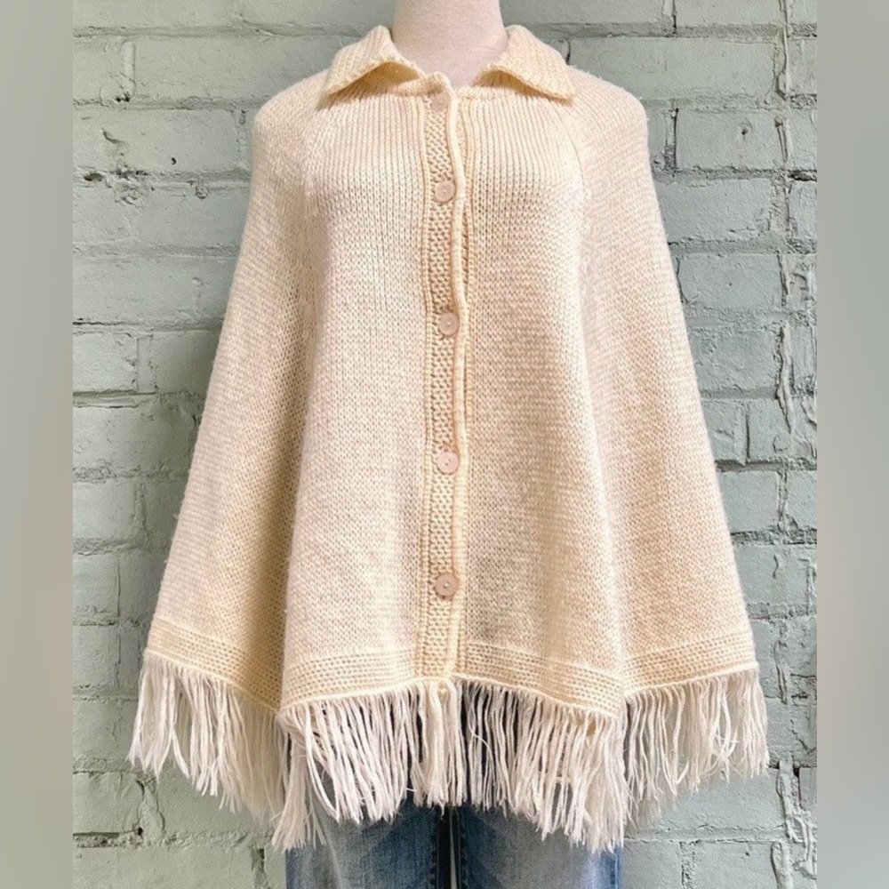Vintage Cream Button-Up Knit Poncho with Fringe - Picture 1 of 5